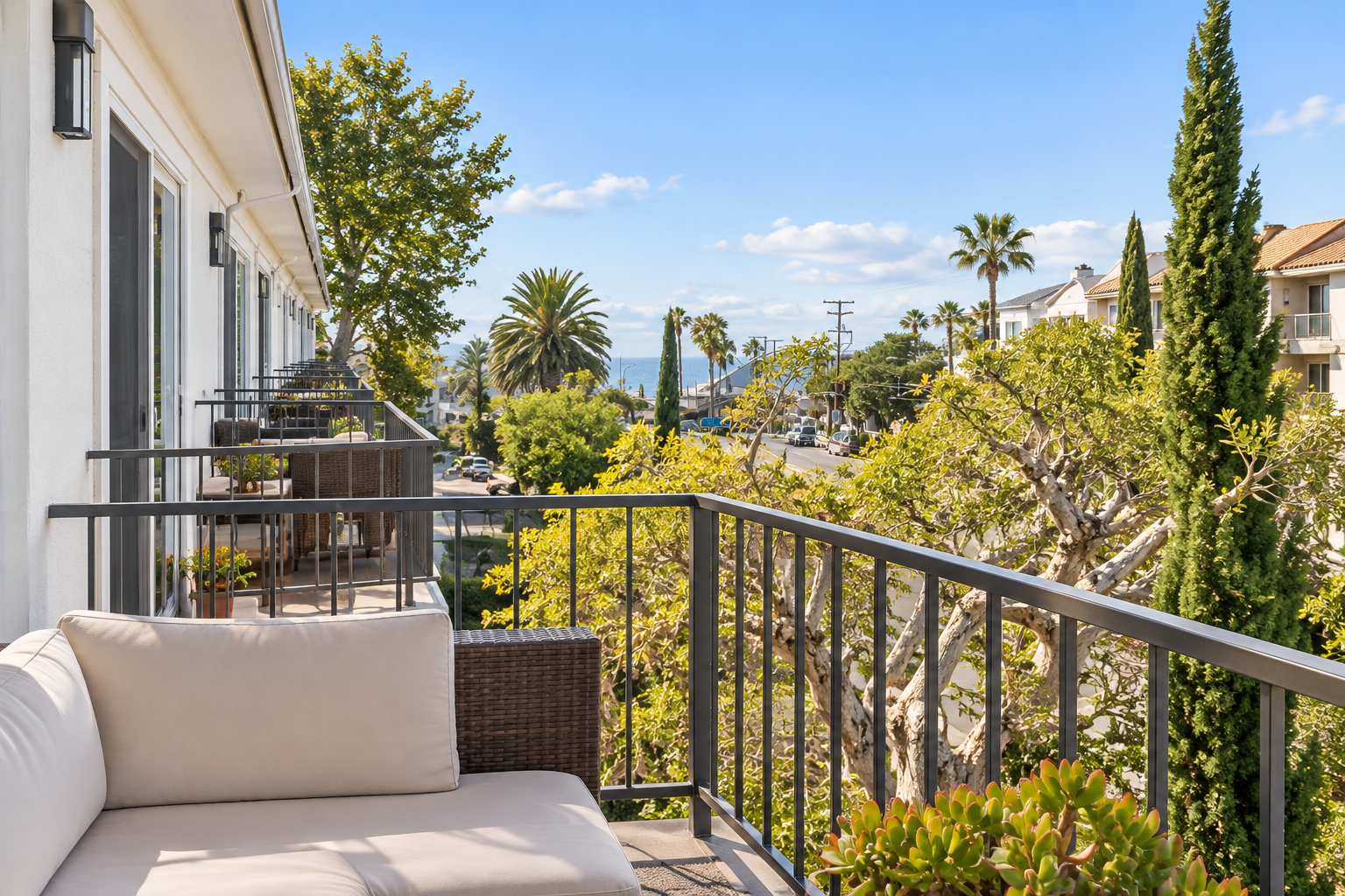 Illustrative seated perspective from the balcony toward a distant glimpse of the ocean